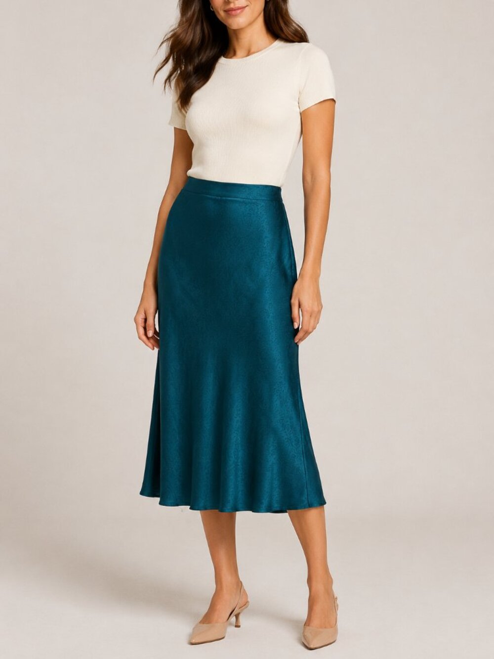 Rachel Zoe Teal Satin Paisley Jacquard Midi Skirt Elevated Casual Size 10